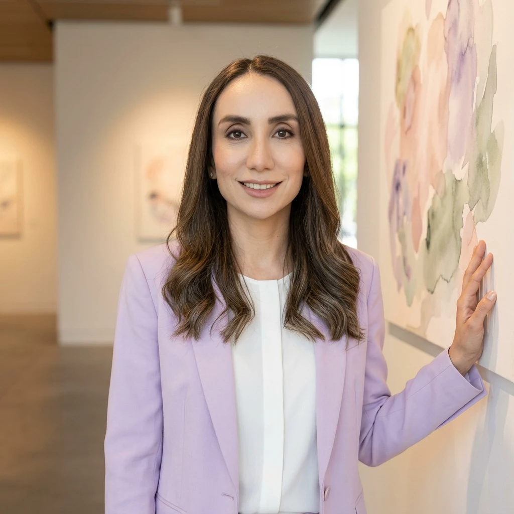 Dra. Eva A. García Armendáriz junto a una obra de arte en tonos suaves.